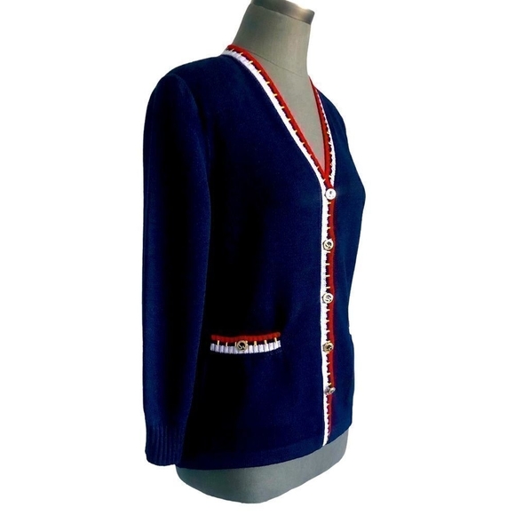 Auth ST. JOHN Blue Red White Women’s Cardigan Women Button Front V - Neck Jacket - Picture 5 of 8
